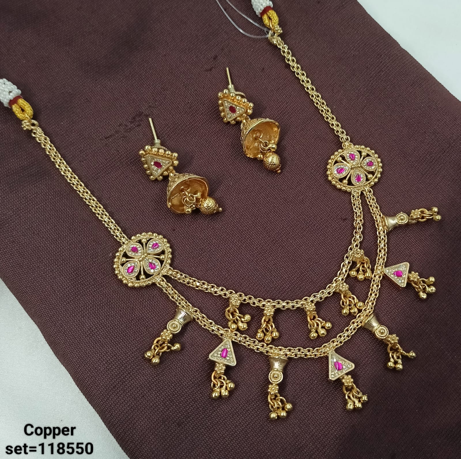 Traditional Gold-Plated Copper Necklace Set with Jhumka Earrings